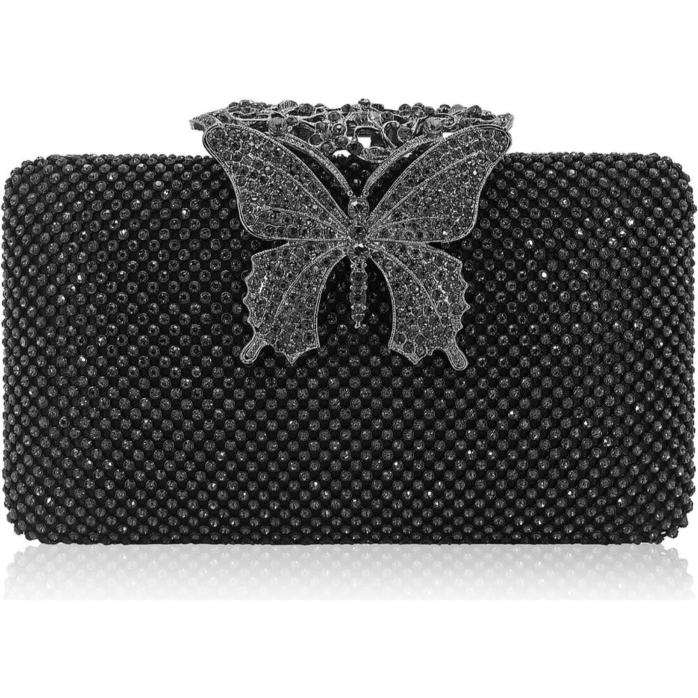 ⚡Women's Black Velvet Fabric Butterfly Clasp Crystal Evening Clutch Bag